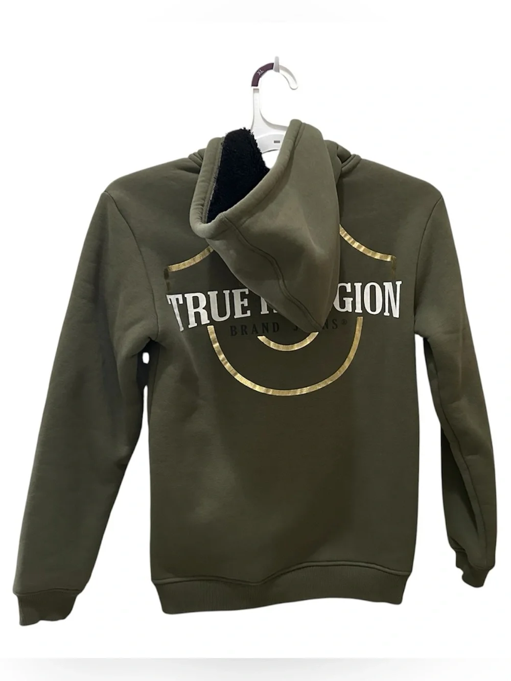 True Religion Olive Green Graphic Fleece-Lined zip up jacket youth M 10/12